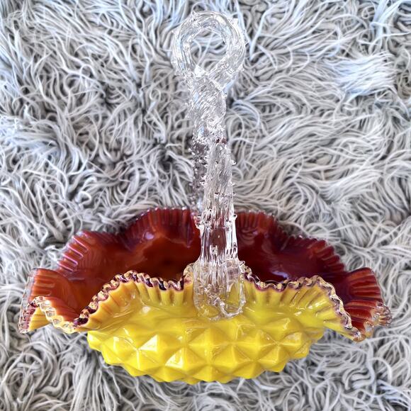 VTG Diamond Quilted Glass Basket Opaque Yellow Orange Twisted Thorn Handle